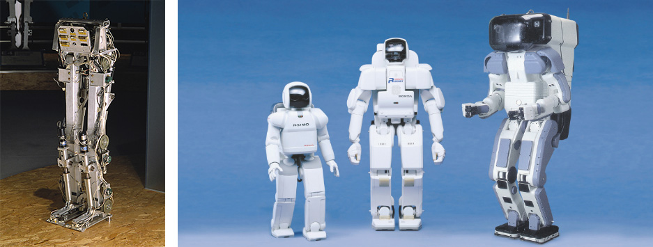 (左から)1986年発表・E0、2000年発表・初代ASIMO、1997年発表・P3、1996年発表・P2。これらのロボットは、通常では人が活躍できない最先端の環境「宇宙」で活動する宇宙飛行士をモチーフにデザインされた。ちなみに、P2の肩や脚に彩られたブルーは、Honda初の四輪車S360と同時に発表された、T360のボディカラーをベースとしている (左から)1986年発表・E0、2000年発表・初代ASIMO、1997年発表・P3、1996年発表・P2