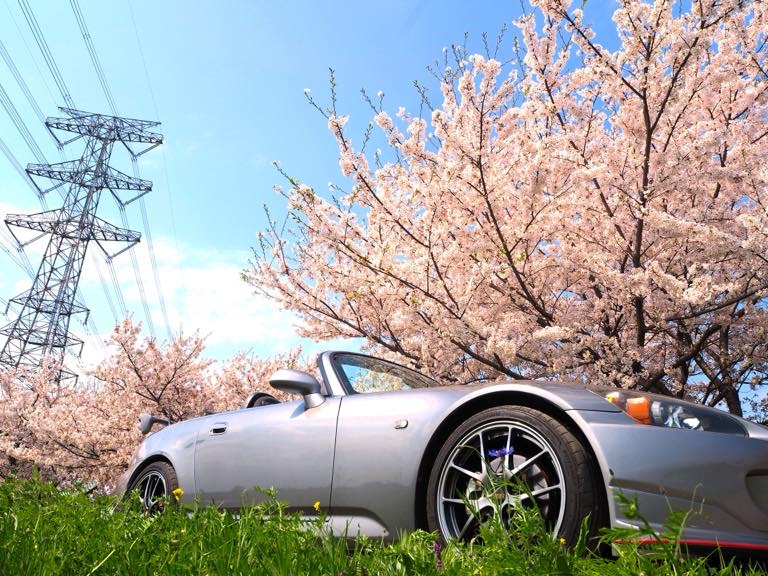 桜とS2000、青空と鉄塔とのカルテット