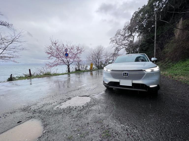 雨と琵琶湖と桜と愛車