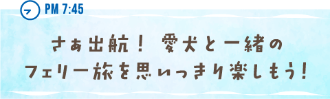 PM 7:45 さぁ出航！ 愛犬と一緒のフェリー旅を思いっきり楽しもう！