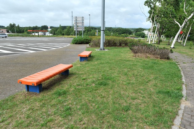 緑地とベンチ。わんことお散歩する時には、遊歩道を通りましょう。