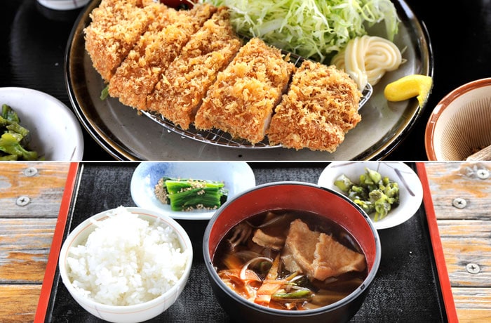 外でも食べられるフードコーナーのメニューです。（三元豚のとんかつ定食、せんべい汁）
