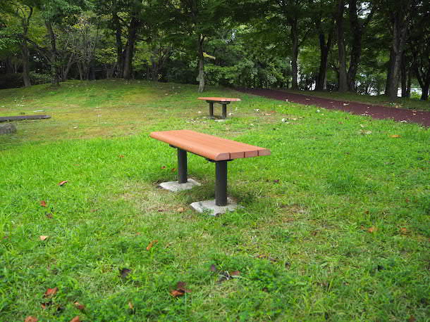 緑地にはベンチが設置されています。