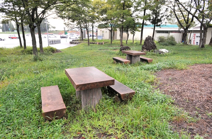 緑地内にある、テーブルとベンチです。
