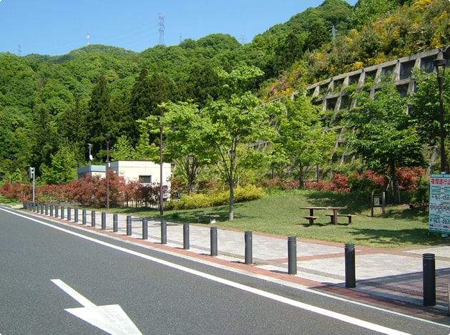 トイレに向かって左手。少しばかりの芝生のエリアとベンチがあります。
