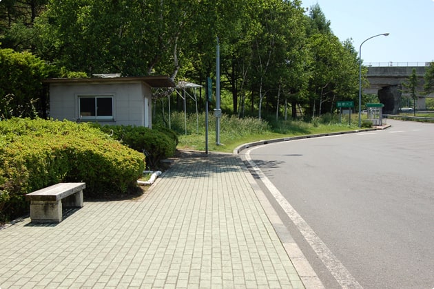 出口側に少しだけ緑地があります。車には十分注意しましょう。
