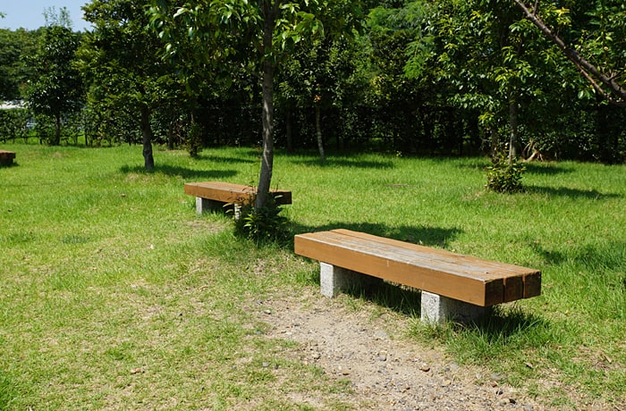 緑地には木陰があるので、ベンチに座ってゆっくり休憩ができますよ。