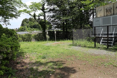 緑地の地面には砂利が混じっています。
