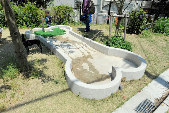 わんこの骨型の水浴び場もあります。