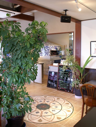 グリーンが置かれた店内。奥にピッツァを焼く窯があります。（店内はわんこ同伴不可です）
