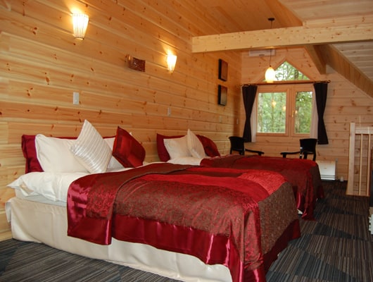 セミダブルベッドが2つ置かれても、広々としたベッドルーム。こちらは「アジア」のお部屋です。