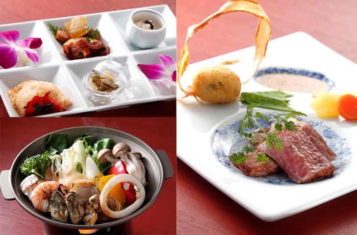 ディナーは、旬の素材を使った和洋創作料理。