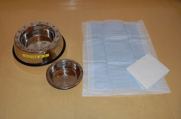 “ウィズペットルーム”には、トイレシーツと食器が用意されています。