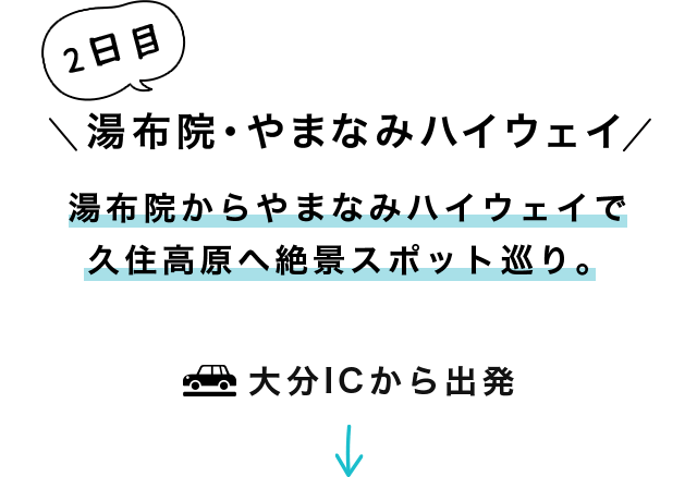 2日目 湯布院・やまなみハイウェイ 湯布院からやまなみハイウェイで久住高原へ絶景スポット巡り。大分ICから出発