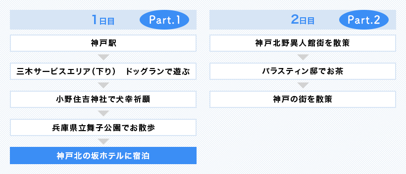 1日目 神戸駅 三木サービスエリア(下り)　ドッグランで遊ぶ 小野住吉神社で犬幸祈願 兵庫県立舞子公園でお散歩
神戸北の坂ホテルに宿泊  2日目 神戸北野異人館街を散策 パラスティン邸でお茶 神戸の街を散策