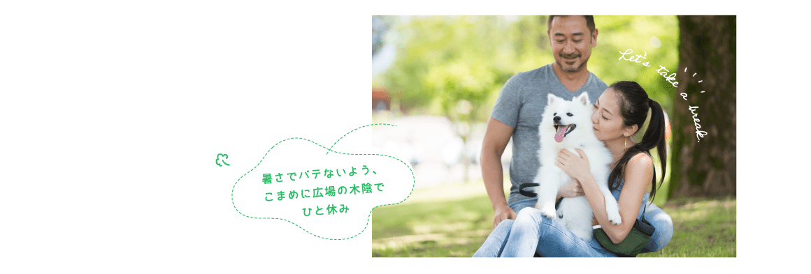 暑さでバテないよう、こまめに広場の木陰でひと休み