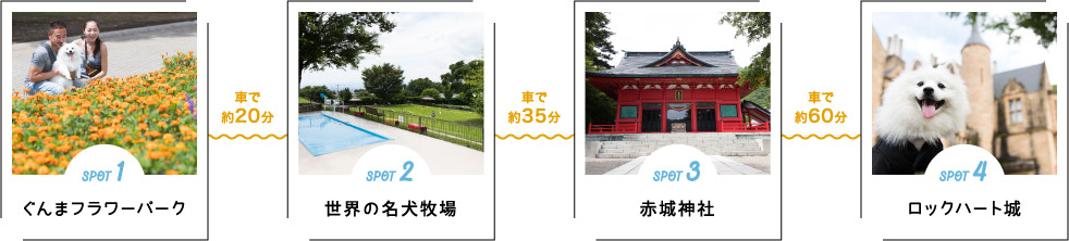 SPOT 1 ぐんまフラワーパーク→（車で約20分）→
SPOT 2 世界の名犬牧場→（車で約35分）→SPOT 3 赤城神社→（車で約60分）→SPOT 4 ロックハート城