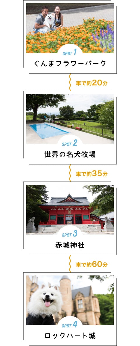 SPOT 1 ぐんまフラワーパーク→（車で約20分）→
SPOT 2 世界の名犬牧場→（車で約35分）→SPOT 3 赤城神社→（車で約60分）→SPOT 4 ロックハート城