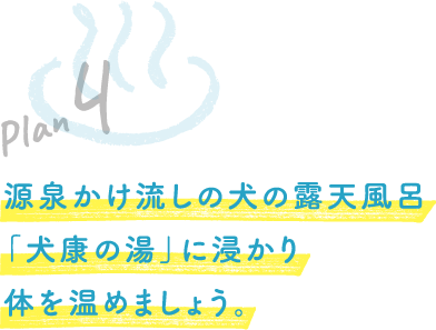 Plan 4 源泉かけ流しの犬の露天風呂「犬康の湯」に浸かり体を温めましょう。