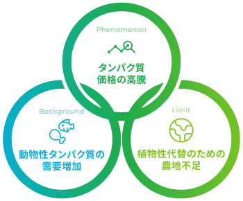 動物性タンパク質の需要増加、タンパク質価格の高騰、植物性代替のための農地不足といった社会問題