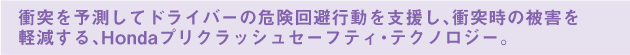 衝突を予測してドライバーの危険回避行動を支援し、衝突時の被害を軽減する、Hondaプリクラッシュセーフティ・テクノロジー。