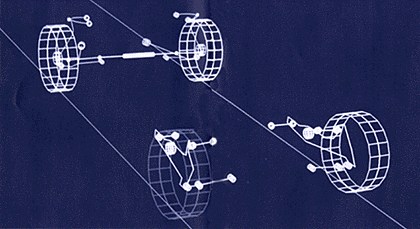 コンピュータによるサスペンション機構解析図 