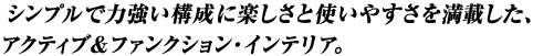 シンプルで力強い構成に楽しさと使いやすさを満載した、アクティブ＆ファンクション・インテリア