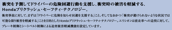 衝突を予測してドライバーの危険回避行動を支援し、衝突時の被害を軽減する、Hondaプリクラッシュ・セーフティ・テクノロジー