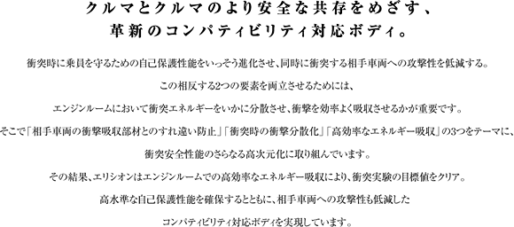 クルマとクルマのより安全な共存をめざす、革新のコンパティビリティ対応ボディ。