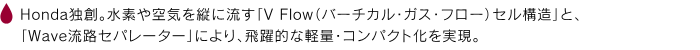 Honda独創。水素や空気を縦に流す「V Flow（バーチカル・ガス・フロー）セル構造」と、「Wave流路セパレーター」により、飛躍的な軽量・コンパクト化を実現。