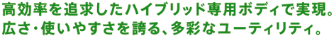 高効率を追求したハイブリッド専用ボディで実現。広さ・使いやすさを誇る、多彩なユーティリティ。