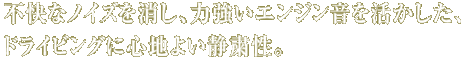 不快なノイズを消し、力強いエンジン音を活かした、ドライビングに心地よい静粛性。