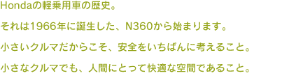 Hondaの軽乗用車の歴史。それは1966年に誕生した、N360から始まります。小さいクルマだからこそ、安全をいちばんに考えること。小さなクルマでも、人間にとって快適な空間であること。