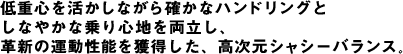 低重心を活かしながら確かなハンドリングとしなやかな乗り心地を両立し、革新の運動性能を獲得した、高次元シャシーバランス。