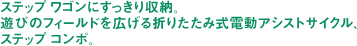 ステップ ワゴンにすっきり収納。遊びのフィールドを広げる折りたたみ式電動アシストサイクル、ステップ コンポ。