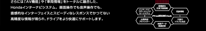 ナビゲーションシステムとインターナビ・プレミアムクラブを統合した、革新の「Hondaインターナビシステム」。
