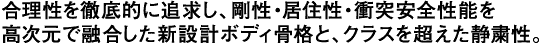 合理性を徹底的に追及し、剛性・居住性・衝突安全性能を高次元で融合した新設計ボディ骨格と、クラスを超えた静粛性