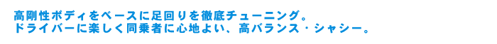 高剛性ボディをベースに足回りを徹底チューニング。ドライバーに楽しく同乗者に心地よい、高バランス・シャシー。