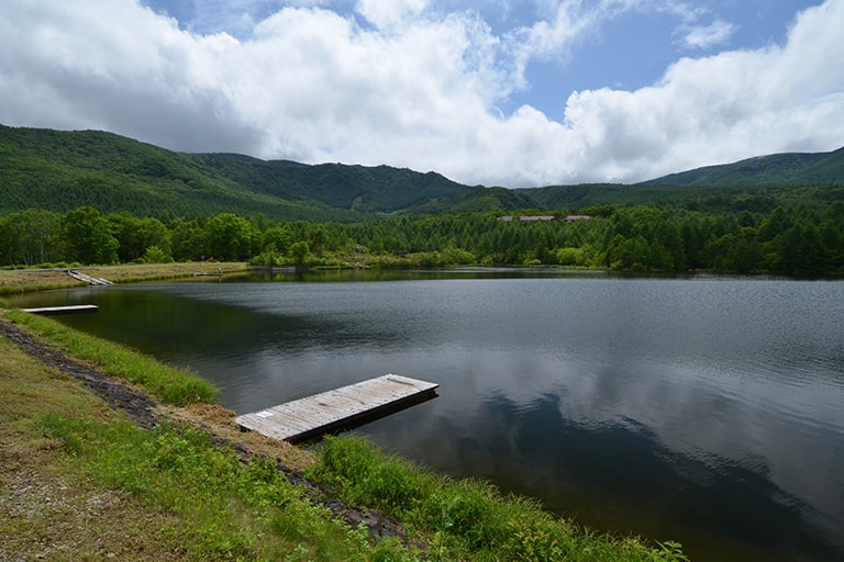 八千穂レイクの全景。岸から釣る場合は手前に写っている桟橋を利用する。フローターは全域にアクセスが可能だ