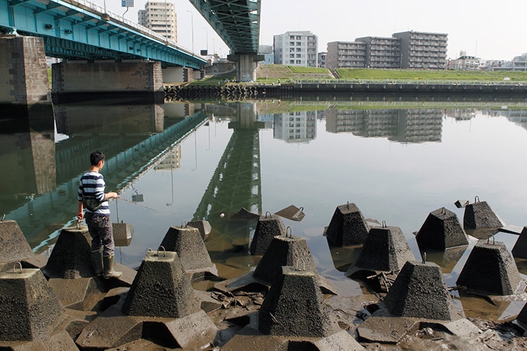 消波ブロックは典型的なテナガエビのポイントだ。水中をのぞき込むと、活性の高い時期にはブロックの上や側面でテナガエビを発見できることもある。ただし急深な地形の場所が多いので、滑って落ちないように注意しよう