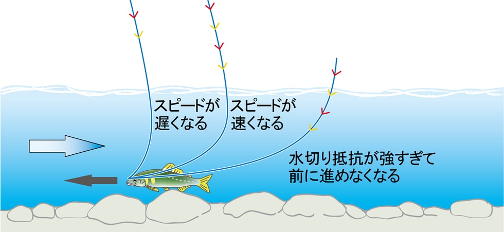 「引き釣り」では、サオの角度とイトのテンションでオトリの状態をコントロールしていた。「泳がせ釣り」の場合は、イトのたるませ方によって操作する。なお、イトのたるみを「オバセ」と呼ぶ。オバセを大きくとると、イトがたるんで水中で流れの抵抗を受ける。するとオトリは下流側に引っぱられるため、抵抗に逆らって速く泳ぎ始める。逆に、イトを張り気味にするとオトリに掛かる抵抗が減るので、オトリのスピードは遅くなる。この原理を利用して、オバセを増やしたり、減らしたりしながら、広範囲を上手に泳がせるのがコツだ