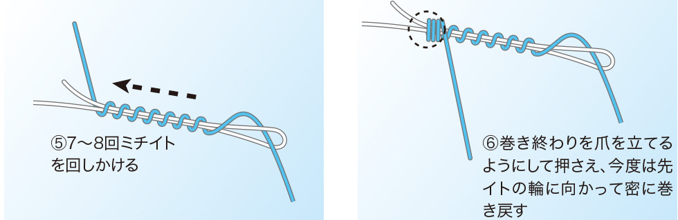 5.7〜8回ミチイトを回しかける 6.巻き終わりを爪を立てるようにして押さえ、今度は先イトの輪に向かって密に巻き戻す