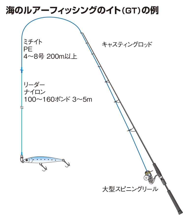 海のルアーフィッシングのイト（GT）の例