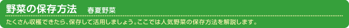 野菜の保存方法・春夏野菜 たくさん収穫できたら、保存して活用しましょう。ここでは人気野菜の保存方法を解説します。