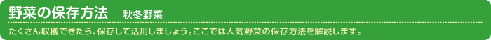 野菜の保存方法・秋冬野菜 たくさん収穫できたら、保存して活用しましょう。ここでは人気野菜の保存方法を解説します。