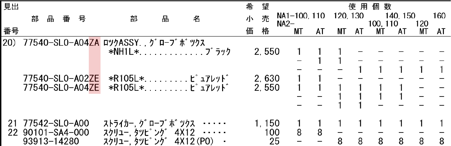 色記号が付いた部品番号の例