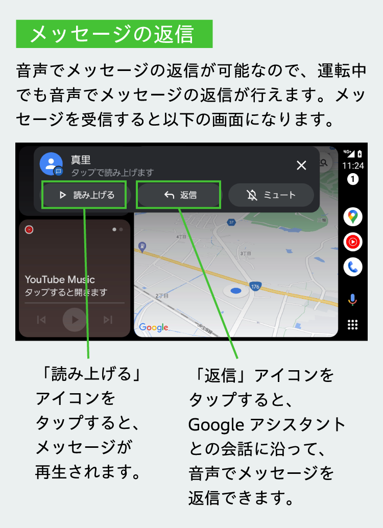 メッセージの返信　音声でメッセージの返信が可能なので、運転中でも音声でメッセージの返信が行えます。メッセージを受信すると以下の画面になります。　「読み上げる」アイコンをタップすると、メッセージが再生されます。　「返信」アイコンをタップすると、 Google アシスタントとの会話に沿って、音声でメッセージを返信できます。