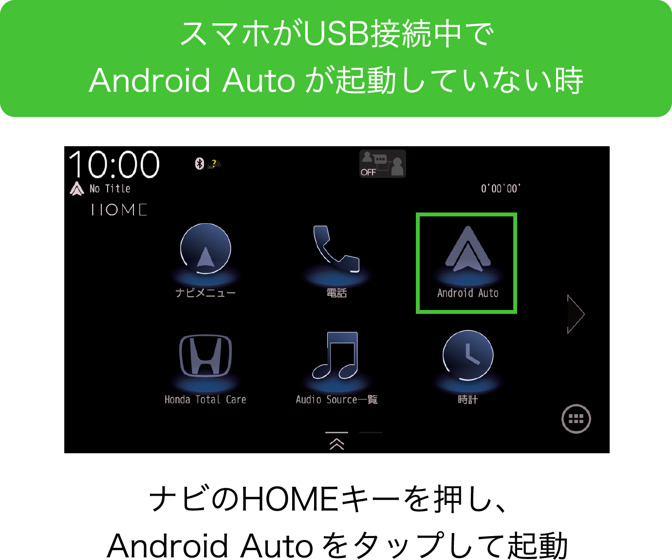 スマホがUSB接続中でAndroid Autoが起動していない時　ナビのHOMEキーを押し、 Android Auto をタップして起動