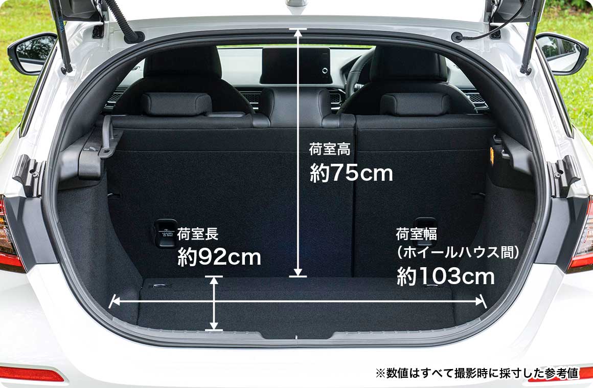 荷室高約75cm 荷室幅(ホイールハウス間)約103cm 荷室長約92cm ※数値はすべて撮影時に採寸した参考値