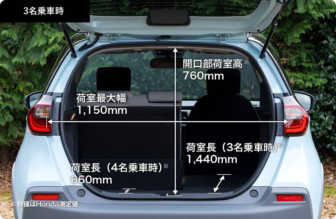 開口部荷室高760mm 荷室最大幅1,150mm 荷室長（3名乗車時）1,140mm 荷室長（4名乗車時）660mm ※数値はホンダ測定値